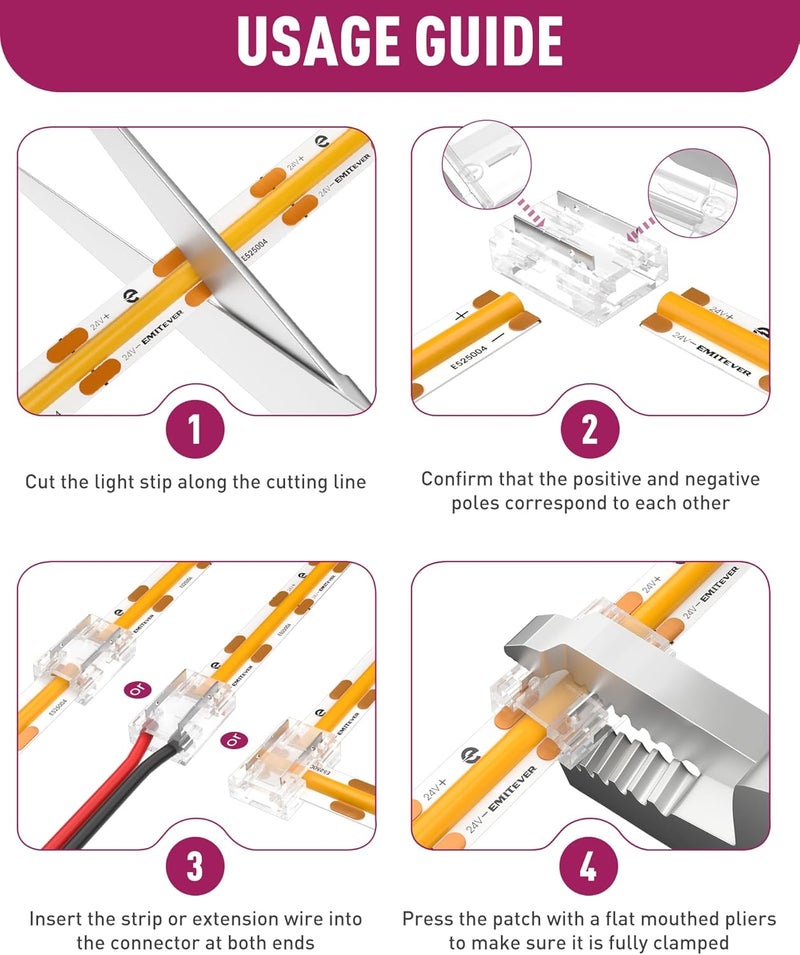 EMITEVER ​ 8-in-1 LED Strip Connectors 12pcs, 2 Pin 8mm COB Tape Lights Terminal Connectors 8 Types Solderless Transparent Connection for​ 5V 12V 24V（Straight, Corner, Strip to Strip, Strip to Wire） - Image 5